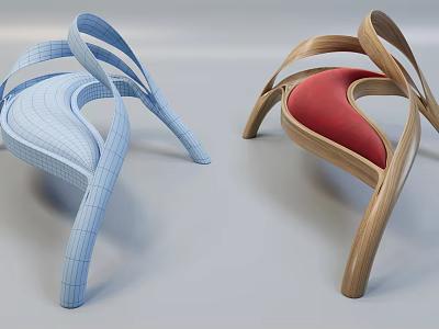 Modern Curved Blue Mesh Leisure Chair And Red Cushion Wooden Frame Design 3d model
