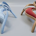 Modern Curved Blue Mesh Leisure Chair And Red Cushion Wooden Frame Design