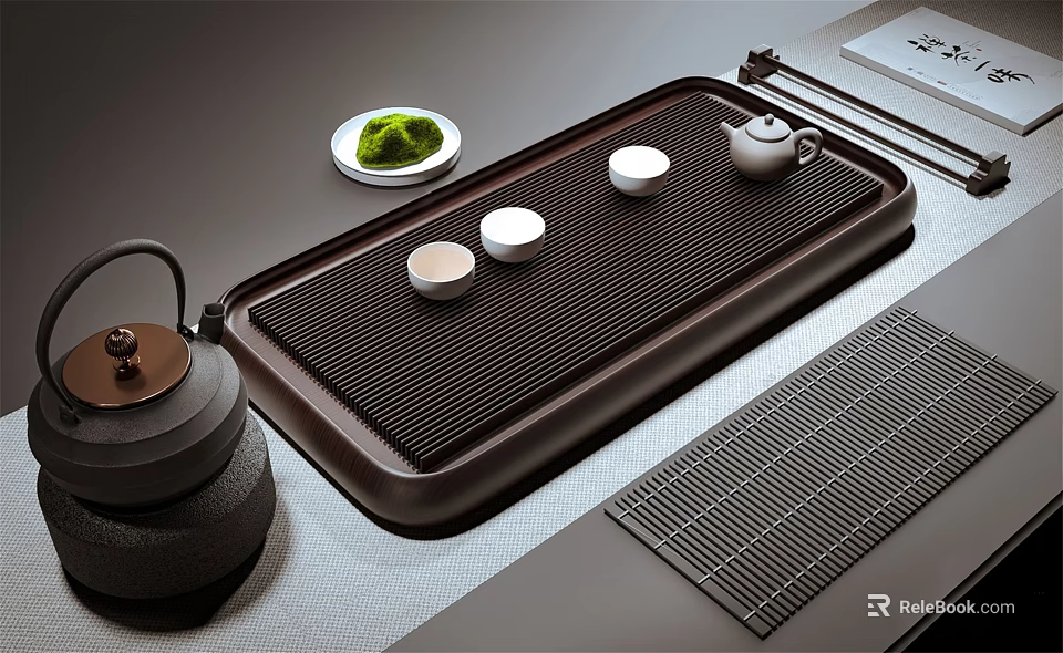 Elegant Tea Set Featuring Dark Wood Tray White Teacups Ceramic Teapot and Green Plate 3d model 