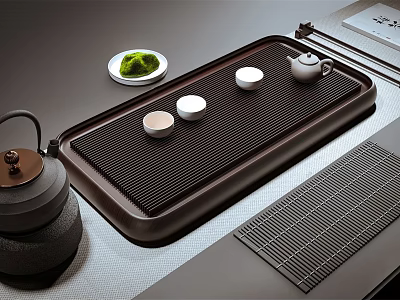 Elegant Tea Set Featuring Dark Wood Tray White Teacups Ceramic Teapot and Green Plate 3d model