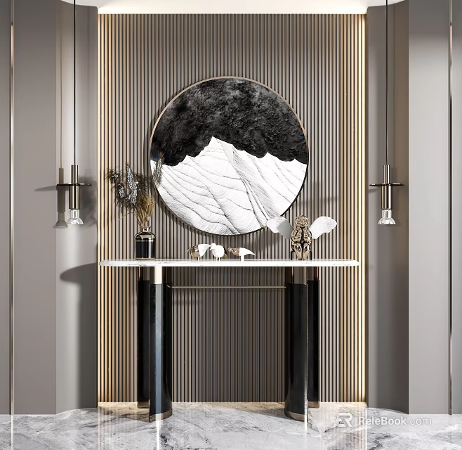 Modern Console Table With Circular Mirror Black White Mountain Pattern And Striped Wall 3d model 
