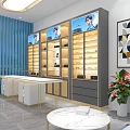 Optical Store Interior With White Display Counters Blue Decor Logo And Modern Pendant Lights 3d model