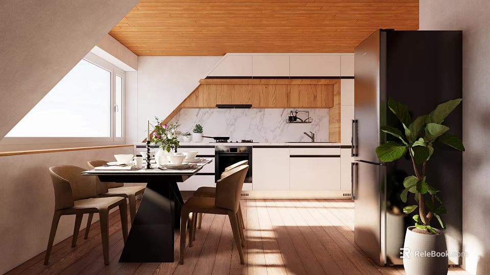 Modern Restaurant Interior Featuring Wooden Ceiling Dining Table White Cabinets Marble Countertop And Black Appliances 3d model 