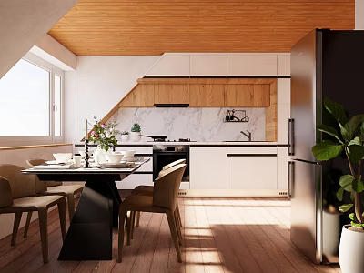 Modern Restaurant Interior Featuring Wooden Ceiling Dining Table White Cabinets Marble Countertop And Black Appliances 3d model