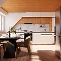 Modern Restaurant Interior Featuring Wooden Ceiling Dining Table White Cabinets Marble Countertop And Black Appliances