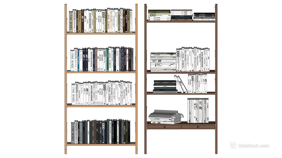 Wooden Bookshelf with Multiple Shelves Featuring Organized Books and Stacked Volumes Interior Design 3d model 