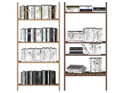 Wooden Bookshelf with Multiple Shelves Featuring Organized Books and Stacked Volumes Interior Design 3d model