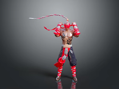 Red And White Striped Action Figure With Straps Ribbons And Tattoos 3d model