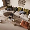 Modern Living Room With Curved Sofa Green Zebra Cushions Coffee Table Rug And Macrame Decor