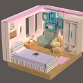 Cartoon Bedroom Scene With Bed Sofa Wardrobe Desk Clock And Decorative Rug