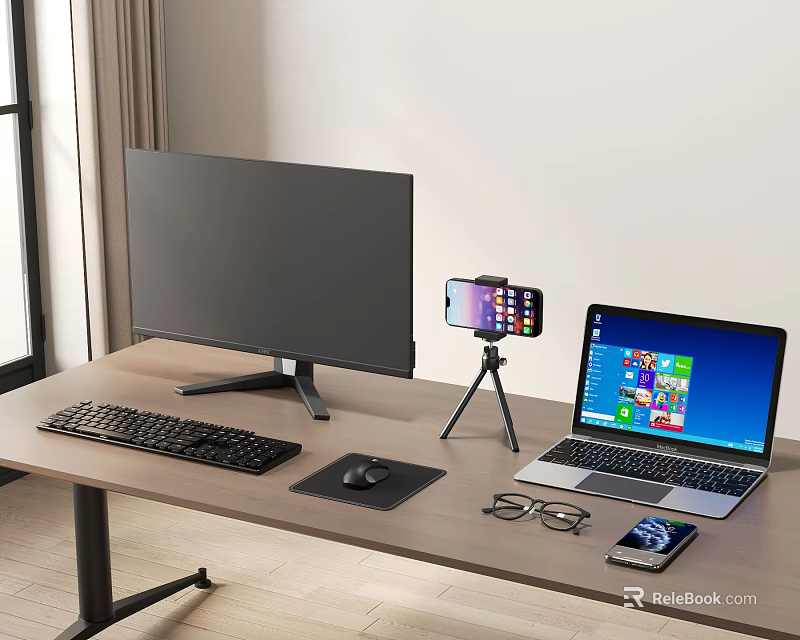 Modern Computer Workstation Setup With Monitor Laptop Keyboard Mouse And Phone On Tripod 3d model 