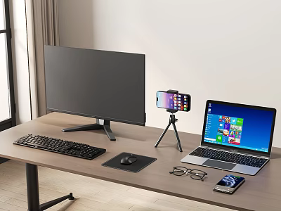 Modern Computer Workstation Setup With Monitor Laptop Keyboard Mouse And Phone On Tripod 3d model
