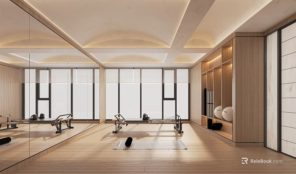 Indoor Sports Fitness Space Featuring Large Windows Wooden Floors Mirror Walls Exercise Bikes Yoga Mat 3d model 