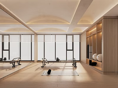 Indoor Sports Fitness Space Featuring Large Windows Wooden Floors Mirror Walls Exercise Bikes Yoga Mat 3d model