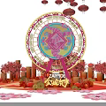 Floral Display Featuring Ferris Wheel Red Lanterns and Cherry Blossom Trees on Pink Background