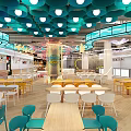 Modern Restaurant Interior With Colorful Pendant Lights Wooden Tables And Colorful Chairs
