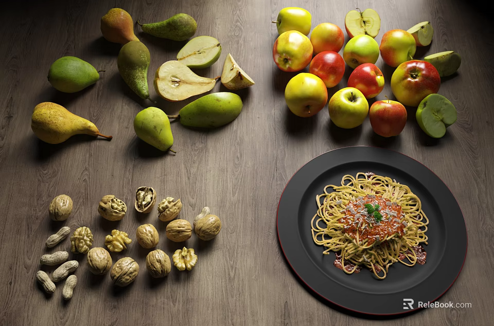 Fresh Assorted Pears Apples Walnuts Peanuts and Spaghetti on Wooden Table 3d model 