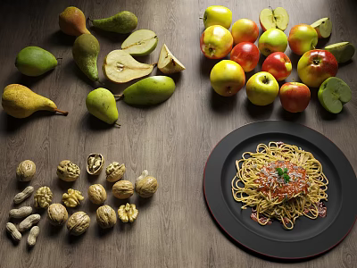 Fresh Assorted Pears Apples Walnuts Peanuts and Spaghetti on Wooden Table 3d model