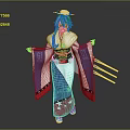 Game Movie Character in Blue White Kimono Star Patterns Blonde Hair Gold Belt Three Swords