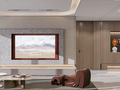 Modern Living and Dining Room Interior With Stone TV Wall Mountain Artwork And Brown Sofa 3d model