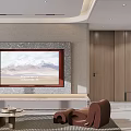 Modern Living and Dining Room Interior With Stone TV Wall Mountain Artwork And Brown Sofa