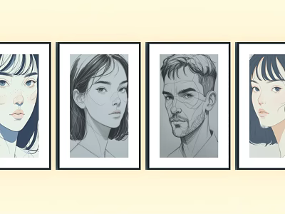 Four Framed Line Art Portrait Paintings Featuring Male And Female Figures 3d model