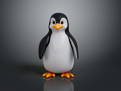 Cute Black and White Penguin with Orange Beak and Feet on Gray Reflective Background 3d model