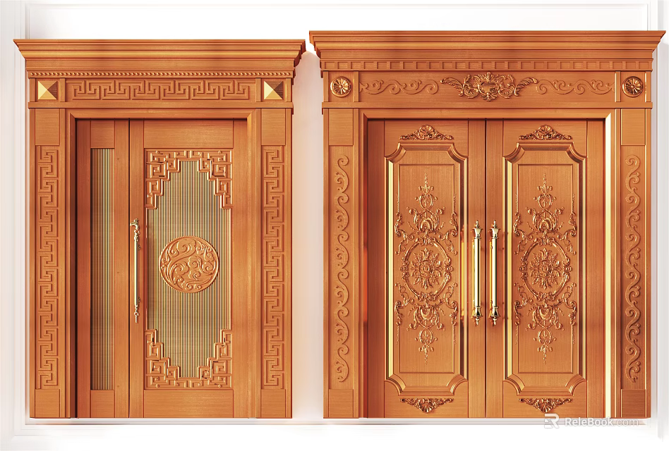 Elegant Traditional Carved Wooden Doors With Intricate Patterns And Decorative Frames 3d model 