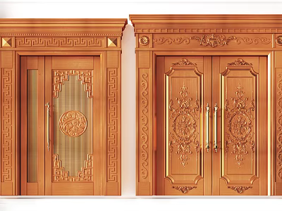 Elegant Traditional Carved Wooden Doors With Intricate Patterns And Decorative Frames 3d model