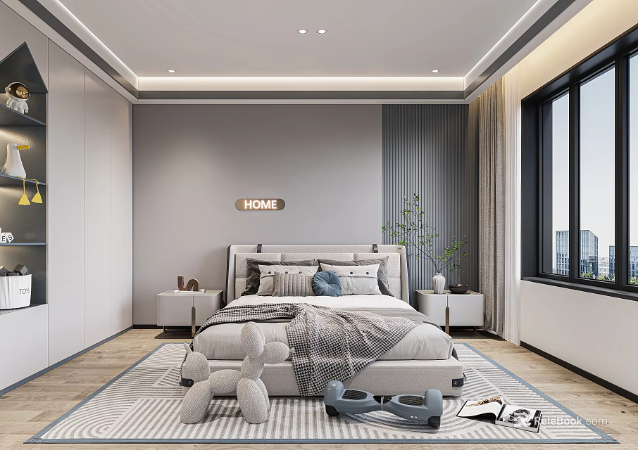 Modern Kids Bedroom Interior With Cozy Bed Large Windows And Decorations 3d model 