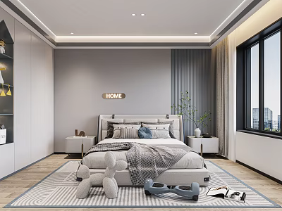 Modern Kids Bedroom Interior With Cozy Bed Large Windows And Decorations 3d model