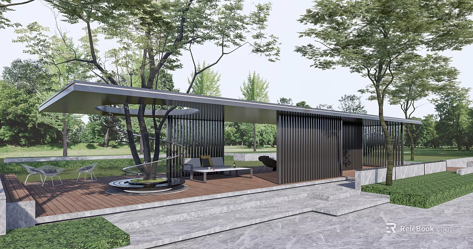 Modern Outdoor Pergola With Slatted Structure Wooden Deck And Seating Area Surrounded By Trees 3d model 