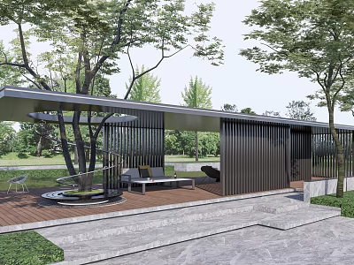 Modern Outdoor Pergola With Slatted Structure Wooden Deck And Seating Area Surrounded By Trees 3d model