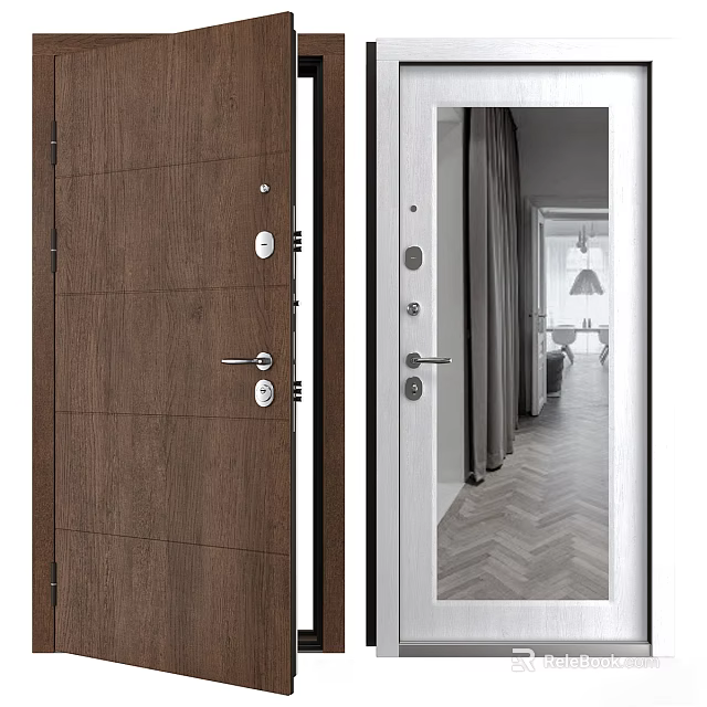 Modern Wooden Hinged Door With Brown Finish And Glass Panel White Frame Interior View 3d model 