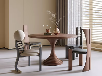 Modern Round Wooden Table And Chairs With Spiral Base And Decorative Vase In Interior 3d model