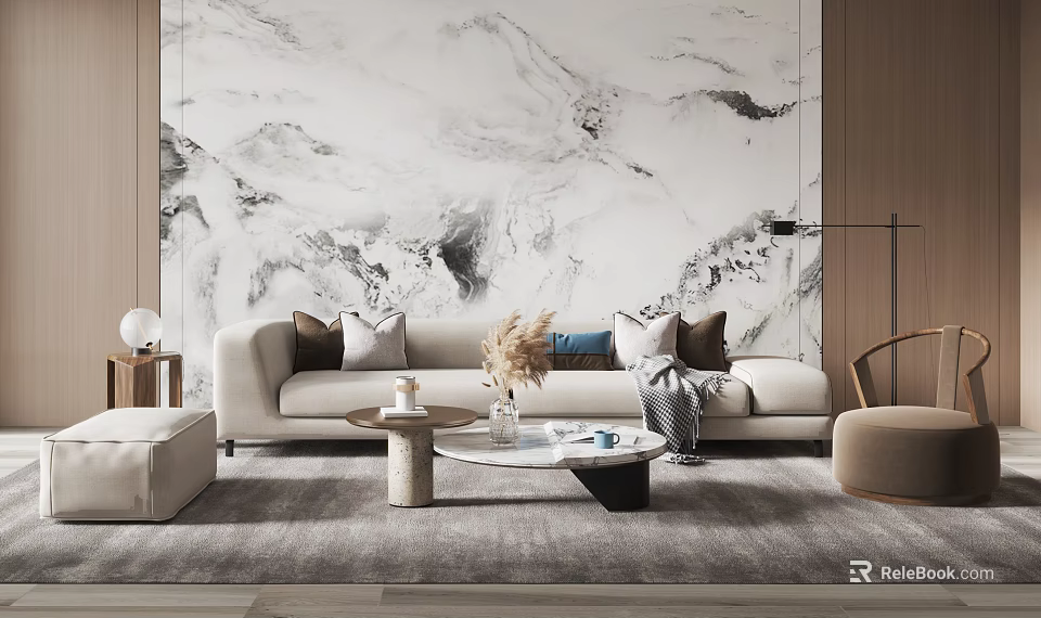 Modern Sofa and Coffee Table Set with Pillows Vase and Marble Textured Wall 3d model