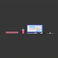 Laptop with Pink Box Cup Mouse Open Folder and USB Drive