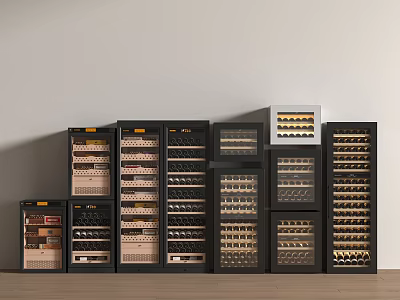 Modern Wine Coolers in Various Styles with Wine Bottle Storage on Wooden Floor 3d model