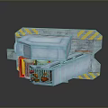 Industrial Mechanical Structure With Metal Casing Yellow Warning Stripes Red Door And Internal Gears