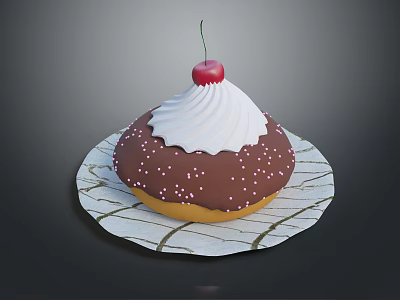 Chocolate Frosted Donut With Pink Sprinkles White Whipped Cream And Cherry On Paper Plate 3d model