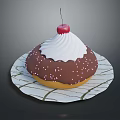 Chocolate Frosted Donut With Pink Sprinkles White Whipped Cream And Cherry On Paper Plate