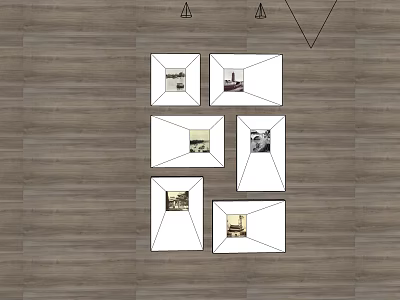 Six Framed Wall Art Paintings Arranged in Gallery Style on Wooden Floor Background 3d model