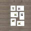 Six Framed Wall Art Paintings Arranged in Gallery Style on Wooden Floor Background