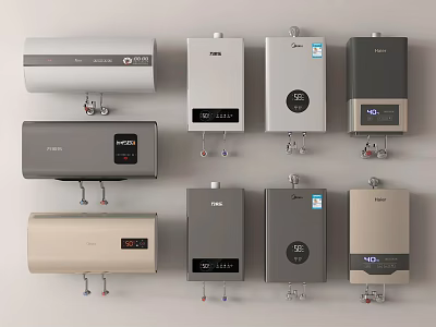 Various Types Of Water Heaters In White And Gray For Daily Use Appliances 3d model