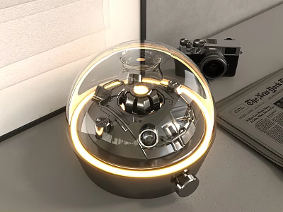 Transparent Glass Dome Table Lamp With Illuminated Light Ring Mechanical Design And Vintage Camera 3d model
