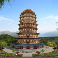 Traditional Chinese Multi tiered Tower With Red Gold Decor Surrounded By Mountains And Gardens