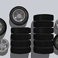 Stacked Car Tires And Wheel Rims Display On White Background