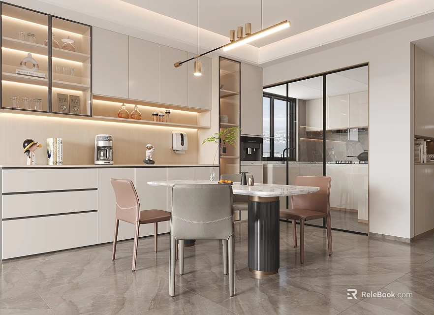 Modern Restaurant Interior With Open Design Dining Table Chairs Pendant Lights And Cabinets 3d model