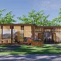 Scenic Wooden House Exterior With Lawn Trees Umbrellas Tables And Chairs