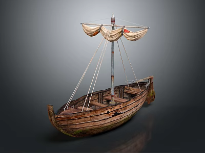 Vintage Wooden Boat With Mast Ropes And Canvas Sails On Gray Background 3d model